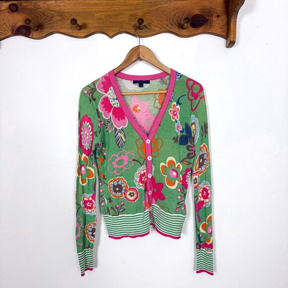 Boden Sweaters - Boden Y2K Style Green Pink Floral Striped Button Down Cardigan**